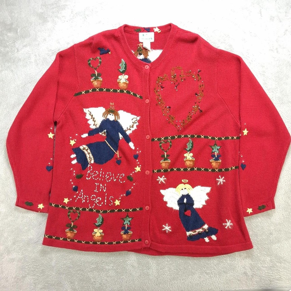 Quacker Factory Women 2X Red Believe in Angels Christmas Cardigan Sweater